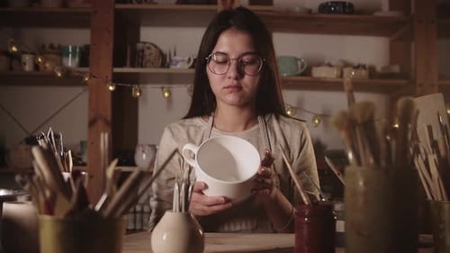Woman Examining Ceramic Bowl in Pottery Studio