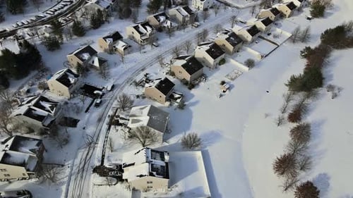 Aerial View of the Residential Districts in Small Town of on a Snowy Winter Day