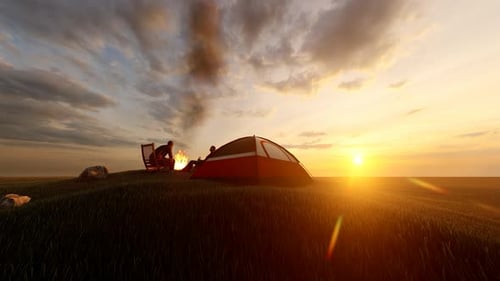 Animated 3D Camping Scene with Campfire at Sunset