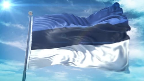 National Flag of Estonia Waving in Sunny Sky