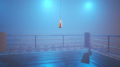Animation with metal vintage microphone hanging down above the empty boxing ring