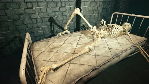 Animated Skeleton Writhing on Bed in Grungy Horror Scene