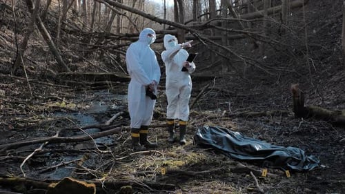 Forensic specialists working in the forest. Crime scene and police concept.