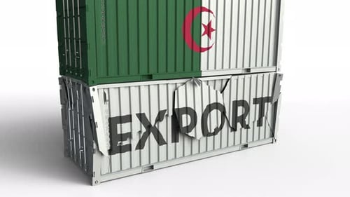 Container mit Flagge von Algerien bricht Container mit EXPORT-Text