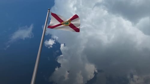 Realistic Waving Florida State Flag on Pole with Clouds