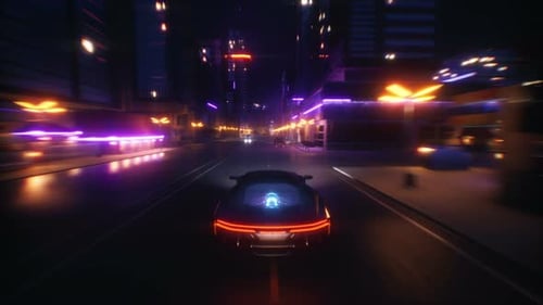 Futuristic Car Driving Through a Neon Cyberpunk City at Night