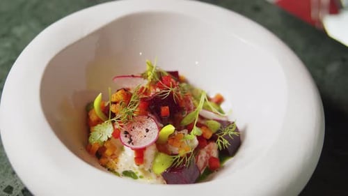 Haute Cuisine High Kitchen Restaurant Dish Dinner in Cafe Healthy Tartar Salad with Vegetables