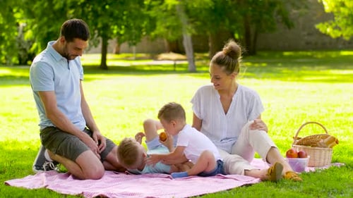 Happy Family Having Picnic at Summer Park