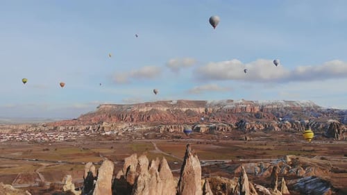 Hot Air Balloons Fly Over Cappadocia Landscape