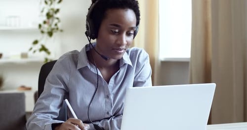 Business Portrait Afro American Student Mixed Race Girl Ethnic Woman Sitting at Table in Home Office