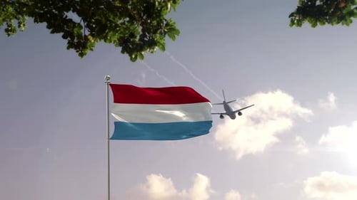 Realistic Luxembourg Flag Waving with Airplane Flying Over City Skyline
