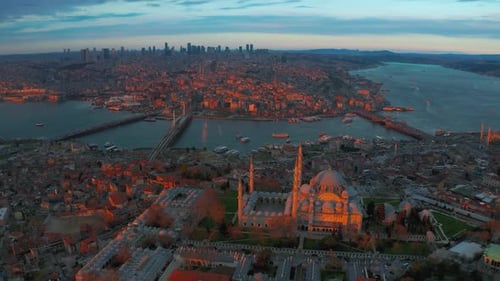 Cityscape of Istanbul at Sunset Old Mosque and View on Golden Horn and Bosphorus in Turkey