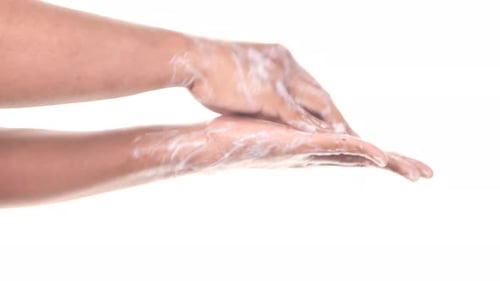 Young Man Washing Hands Soap Warm Water Isolated White