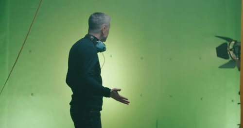 Futuristic Film Set with an Astronaut and Director