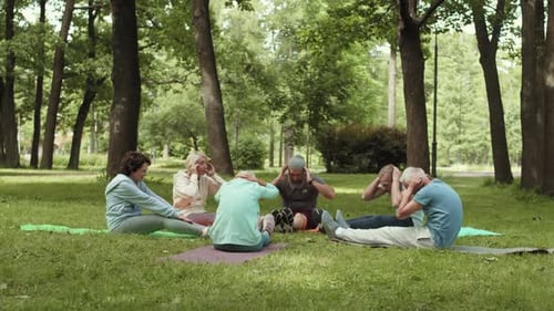 Seniors Doing Situps Together in Park