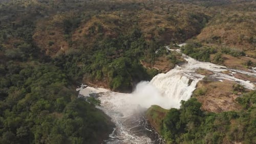 Aerial drone shot of Murchison Falls National Park. Big falls in the middle of an african jungle. Ug