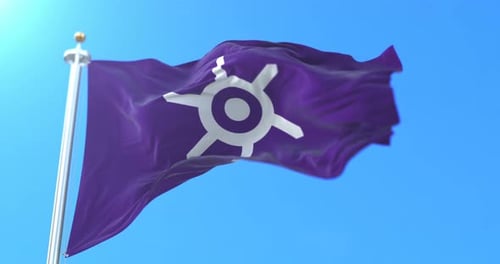 Realistic Purple Flag with White Symbol Waving Against Blue Sky