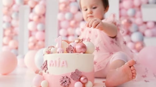 Charming Infant Celebrates First Birthday with Pink Cake