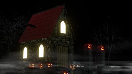 Animated Halloween Night with Haunted House and Jack-o'-lanterns