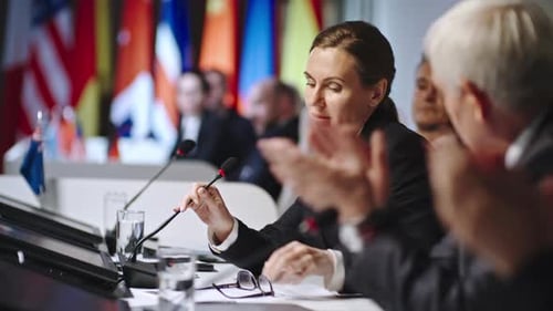 International Conference Meeting With Flags and Business People