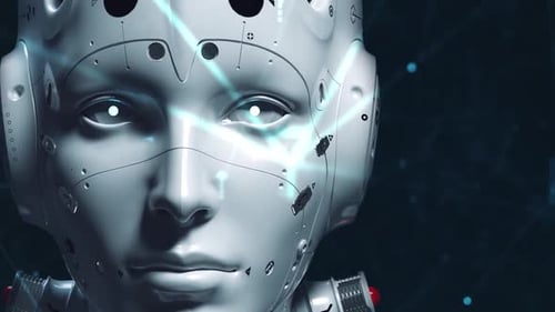 Futuristic Robot Head Revealing AI Data Stream