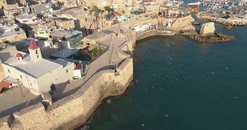 Aerial view of Acre Old city facing the Mediterranean sea, in Israel.