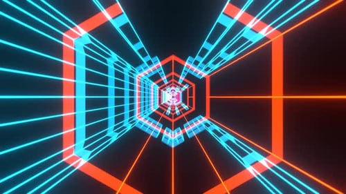The fast movement of the camera in the neon tunnel to the beat of the music. Seamless animation.