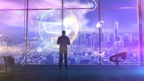 Futuristic Holographic Business Network Display with Laptop