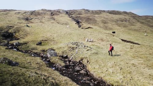 Male Traveler Walking in Grassy Fields with Stream in Middle on a Sunny Day