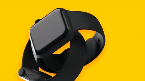 Animation with Bright Yellow Background and the Slow Movement of Black Smart Watch