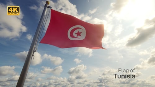 Tunisia National Flag Waving in Blue Sky with Clouds
