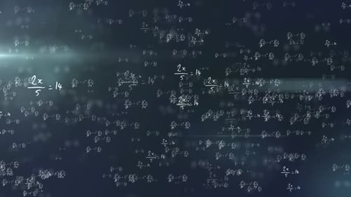 Animation of mathematical formulae moving and white outlined cube turning on dark background