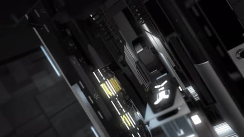 Rotating details and shining indicators inside of technological mechanism