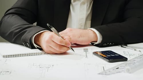 Architect Designer Counting on a Calculator Drawing Plan Blueprint Closeup
