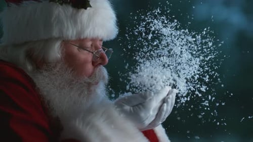 Santa Claus blowing snow from hands in slow motion, Phantom Flex 4K