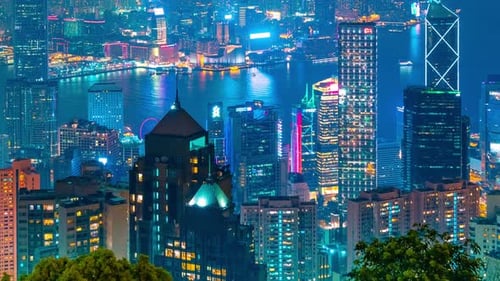 Zeitraffer, Nachtansicht, Wolkenkratzer und Stadtbild von Hongkong