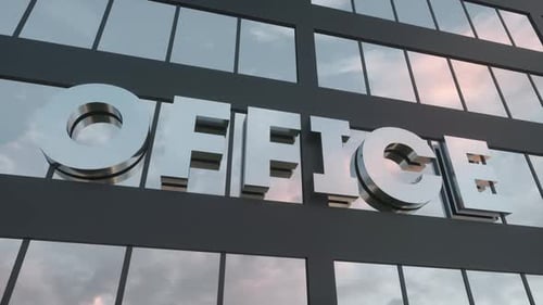 Office Sign on a Modern Glass Skyscraper