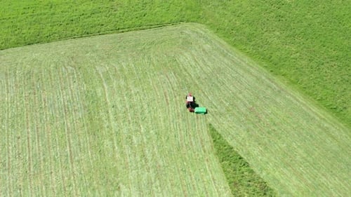 Red Tractor Hay Cutter Aerial View