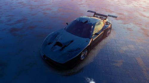 Dark Sports Car in Rain with Reflections