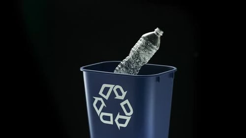 Bottle falls into blue recycling bin