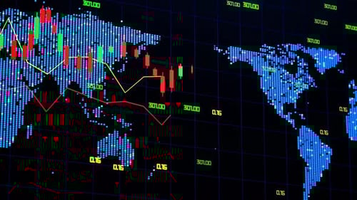 Global Financial Data Display with World Map and Stock Market Charts