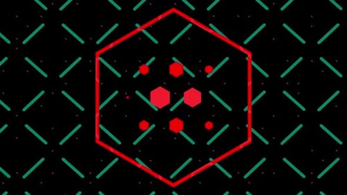 Red hexagons over pulsing green grid on black background