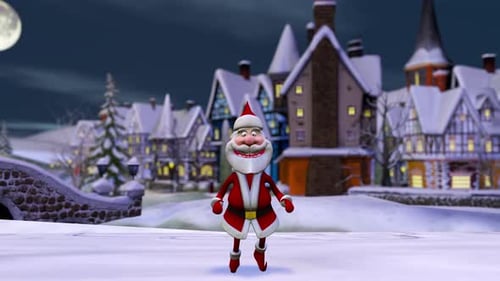 Happy Dancing Santa Claus Character in Snowy Village