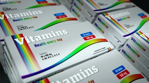 Animated Vitamin Boxes on Production Line for Health and Wellness