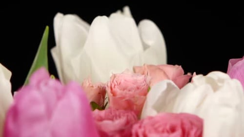 Top of Bouquet Flower with Roses and Tulips, on Black, Rotation, Close Up