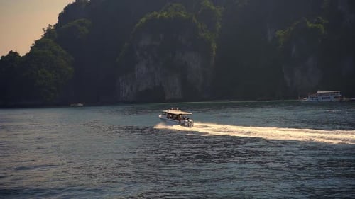 Boat Passing Through Koh Phiphi Beach Water Thailand