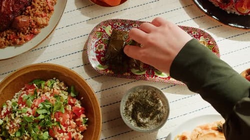 Eating Dolma with Sour Cream Closeup Meat in Grapes Leaves Middle Eastern National Traditional Food
