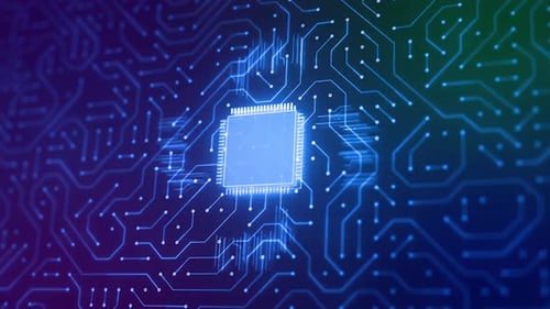 Digital Circuit Board with Glowing Microchip Processor and Data Flow Animation