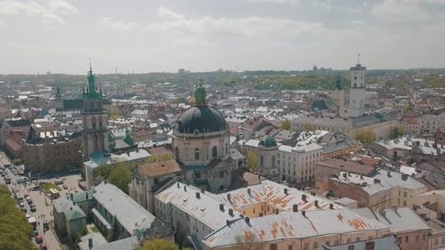 Lvov, Ukraine. Aerial City Lviv, Ukraine. Panorama of the Old Town. Dominican