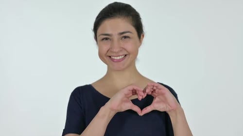 Indian Woman Heart Sign By Hand White Background